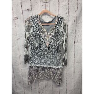 Kamana Tunic Womens M Gray White 3/4‎ Sleeve Frayed Edge Flare Layered